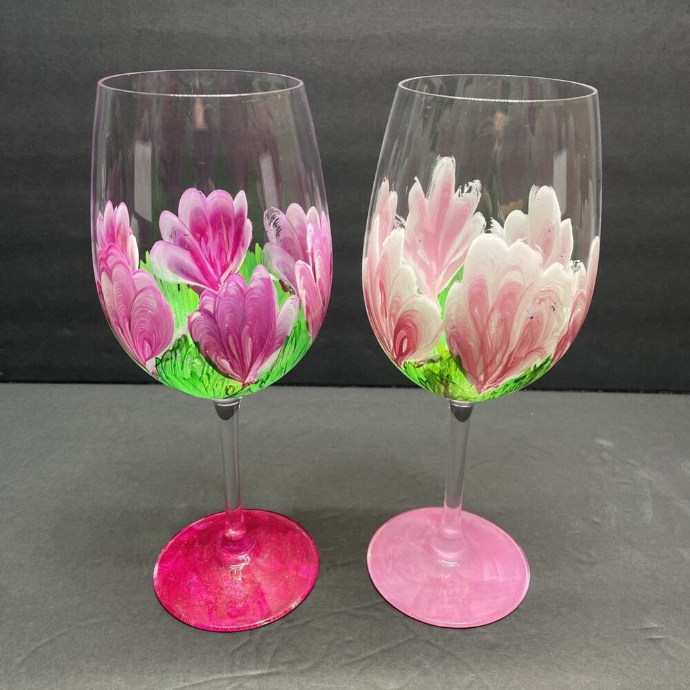 Hand Painted Stemmed Wine Glasses Artist Signed Floral Pattern Set of 2 Spring - Picture 2 of 10